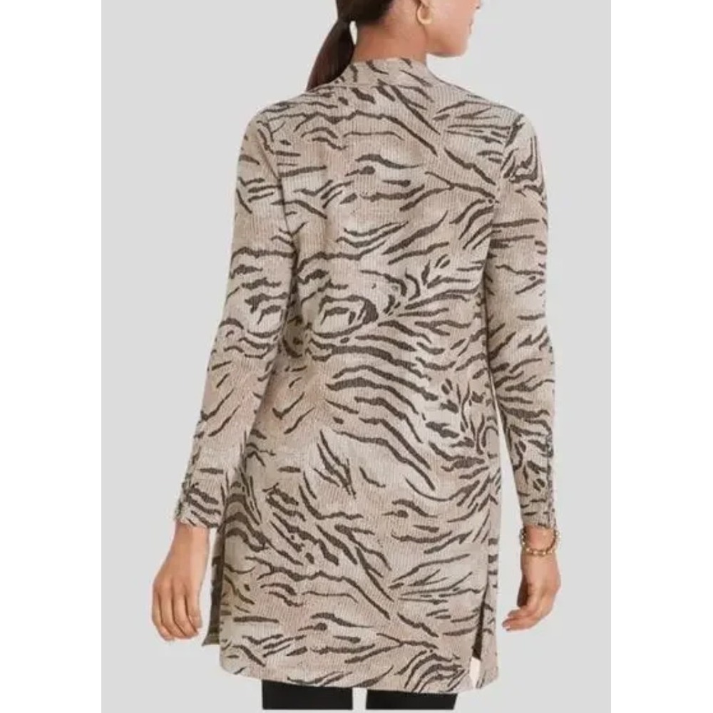 Chico's‎ Tiger Print Cardigan Women 3 XL Tan Black Open Front Ribbed Knit Pocket